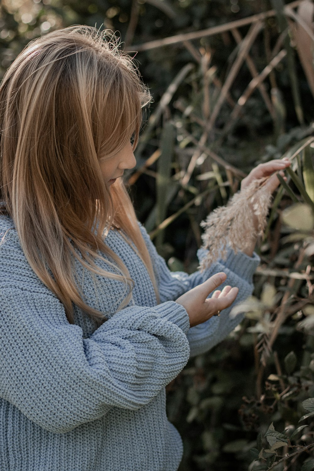 a woman in a blue sweater is holding a plant