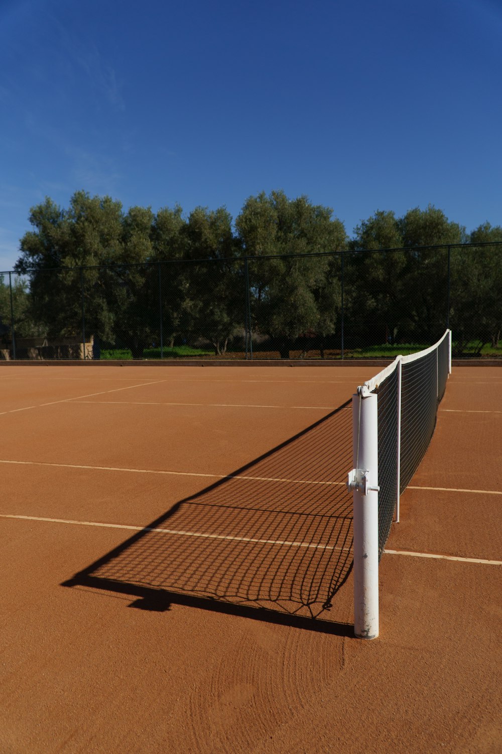 una pista de tenis con una red y árboles al fondo