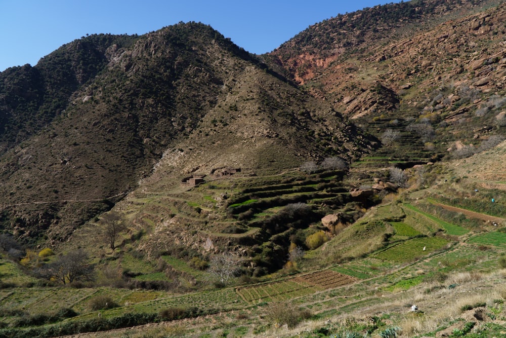 a view of a mountain side with a valley in the foreground