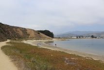 A serene coastal scene featuring a sandy beach, gentle hills covered with vegetation, a few individuals walking along the shoreline, and a tent set up near the water. In the background, there are distant mountains under a partly cloudy sky.