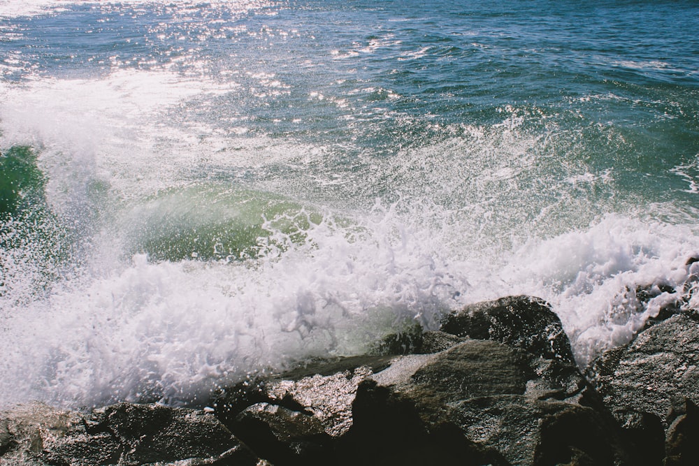 a wave crashes against the rocks near the ocean