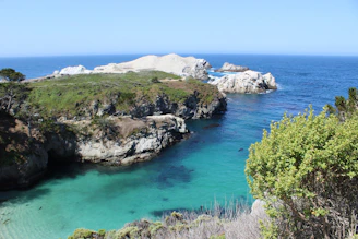 A serene coastal landscape with turquoise waters and lush greenery under a clear sky.