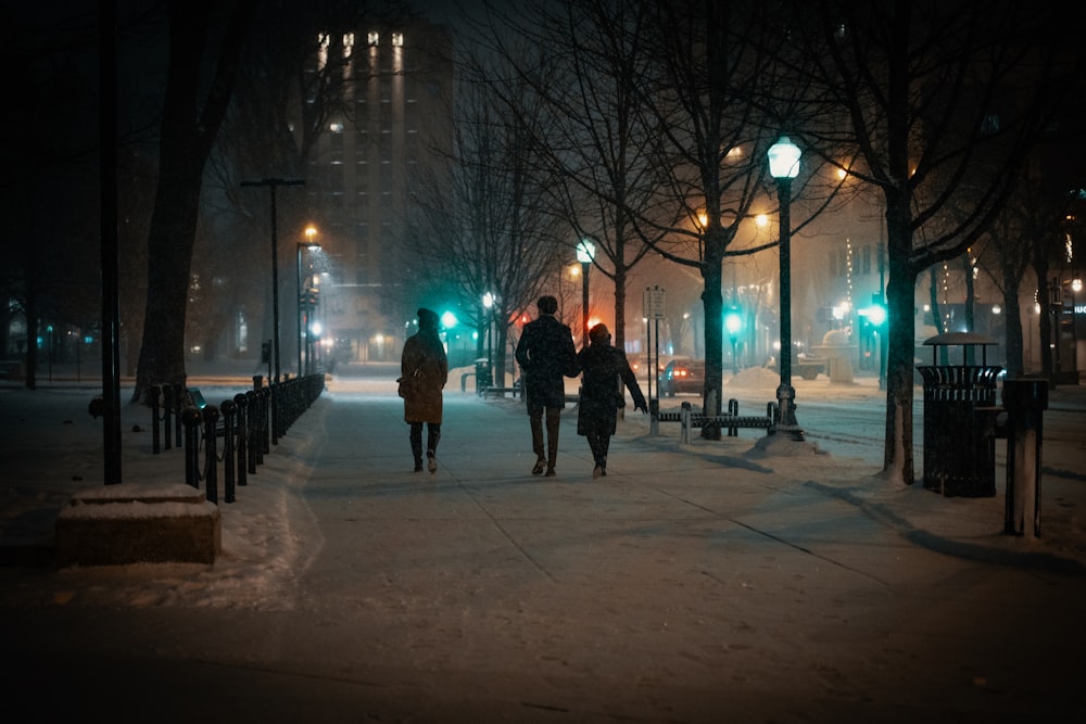 a couple of people walking down a snow covered sidewalk