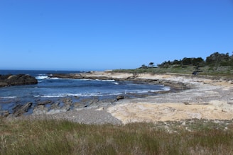A rocky coastline with waves gently crashing against the shore.
