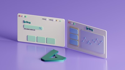 Two 3D-rendered browser-like interface windows are displayed against a purple background. One window features a search bar and several block elements below it. The other window shows a line graph with plotted points. A 3D logo in the form of a stylized 'B' is placed in front of them.