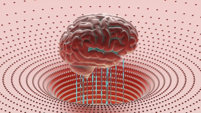 A detailed illustration of a human brain suspended in a futuristic environment. The background consists of concentric circles of evenly spaced, small metallic spheres, giving a sense of depth and complexity.