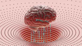 A detailed illustration of a human brain suspended in a futuristic environment. The background consists of concentric circles of evenly spaced, small metallic spheres, giving a sense of depth and complexity.