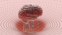 A detailed illustration of a human brain suspended in a futuristic environment. The background consists of concentric circles of evenly spaced, small metallic spheres, giving a sense of depth and complexity.