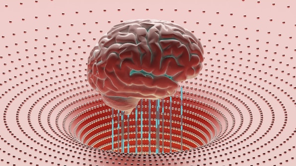 A detailed illustration of a human brain suspended in a futuristic environment. The background consists of concentric circles of evenly spaced, small metallic spheres, giving a sense of depth and complexity.