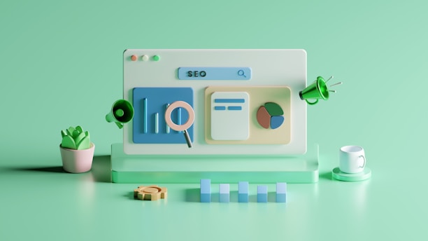 An abstract, pastel-colored, 3D-rendered representation of data analysis and search engine optimization (SEO). The image features a computer interface with various analytics symbols, including a magnifying glass, bar charts, pie charts, and a search bar with the text 'SEO'. Surrounding the interface are different objects such as a potted plant, a cup with a saucer, and a megaphone, all placed on a light green background.