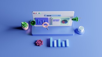 A 3D illustration of a desktop computer setup with a monitor displaying graphs and search icons. Nearby objects include a potted plant, a coffee cup, a magnifying glass, a gear, and a power plug. The scene is set against a monochromatic blue background, emphasizing a digital and modern workspace theme.