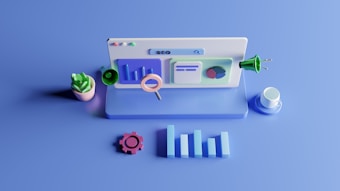 A 3D illustration of a desktop computer setup with a monitor displaying graphs and search icons. Nearby objects include a potted plant, a coffee cup, a magnifying glass, a gear, and a power plug. The scene is set against a monochromatic blue background, emphasizing a digital and modern workspace theme.