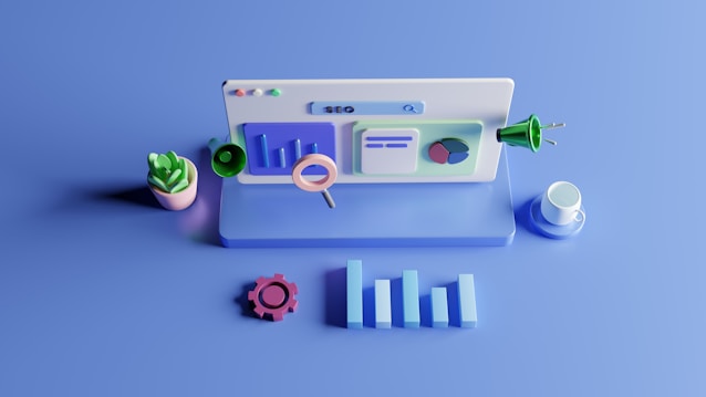 A 3D illustration of a desktop computer setup with a monitor displaying graphs and search icons. Nearby objects include a potted plant, a coffee cup, a magnifying glass, a gear, and a power plug. The scene is set against a monochromatic blue background, emphasizing a digital and modern workspace theme.