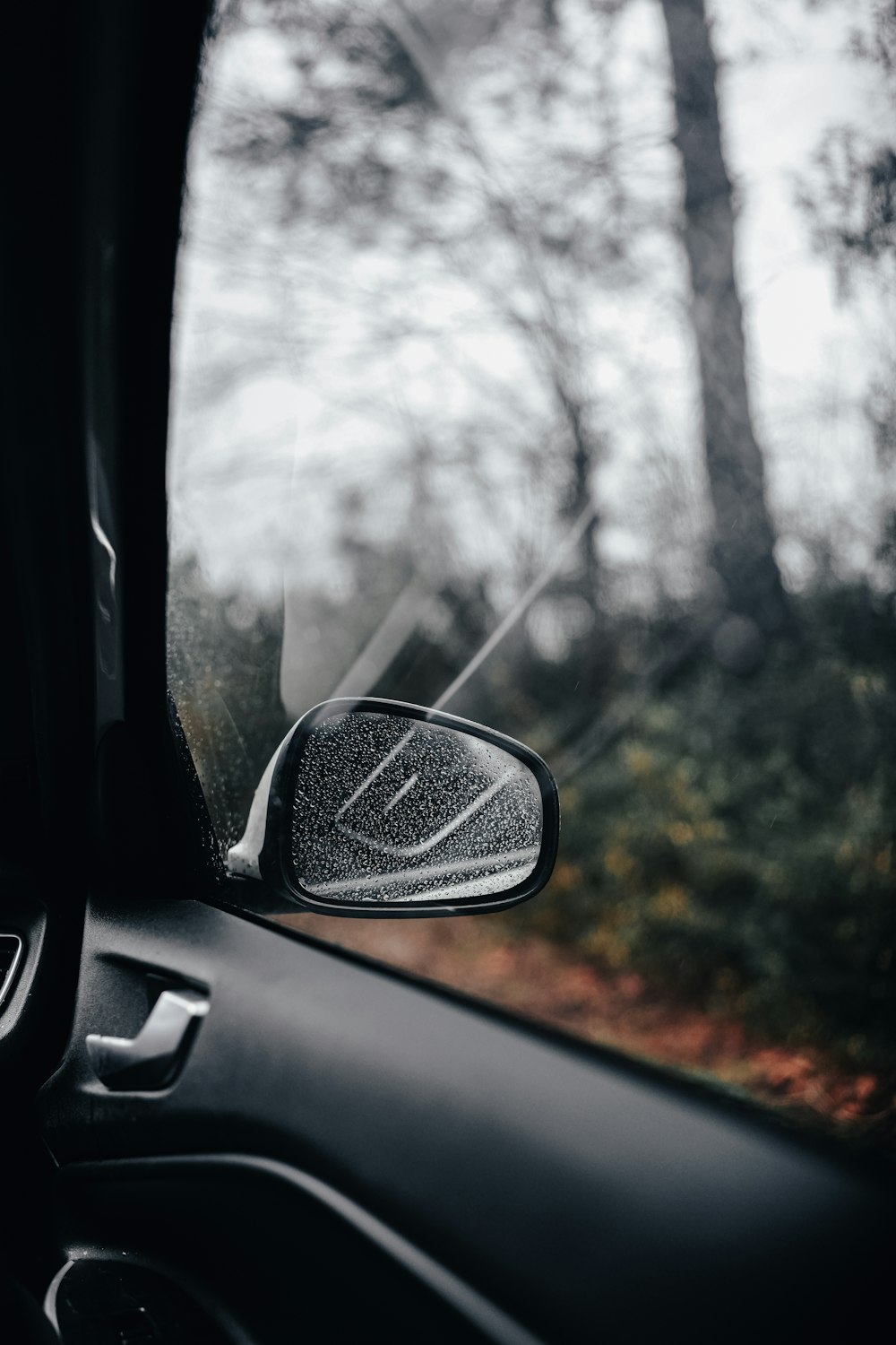 a side view mirror of a car with trees in the background