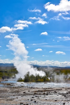 A geyser erupts in a natural landscape, with steam rising into the clear blue sky. The surrounding area is lush with greenery, and a group of people can be seen observing from a distance. The ground is wet and rocky, indicating recent geothermal activity.