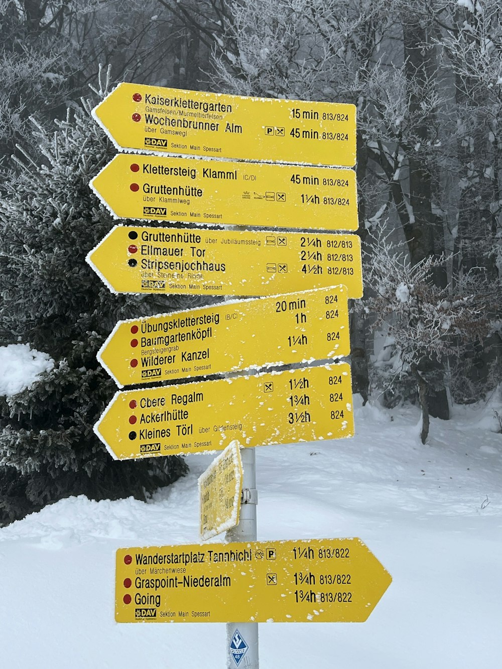 a yellow sign sitting on the side of a snow covered road