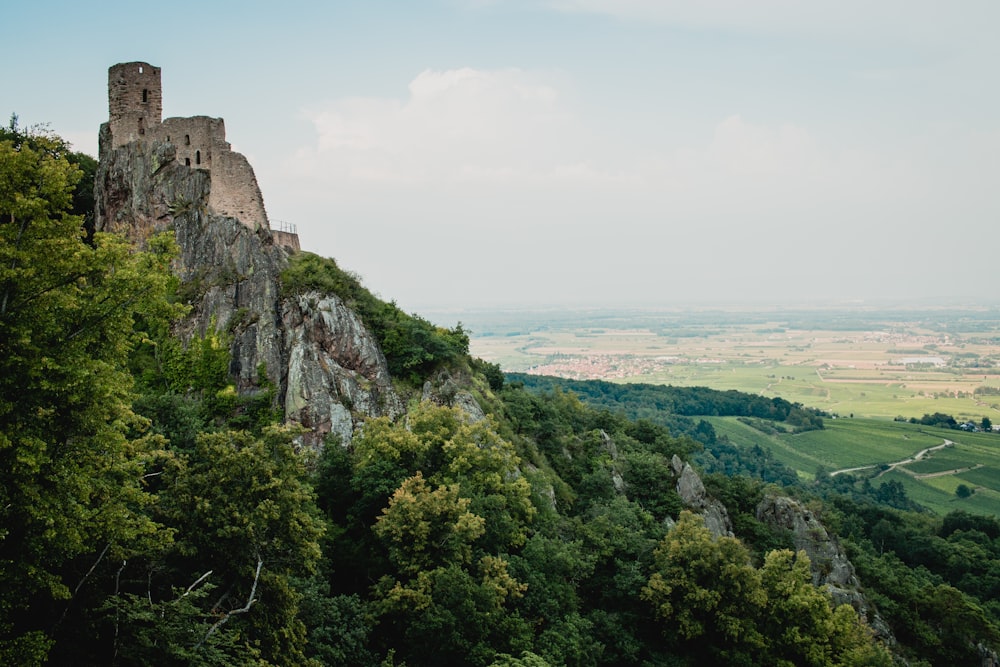 Un castillo en la cima de una montaña rodeado de árboles