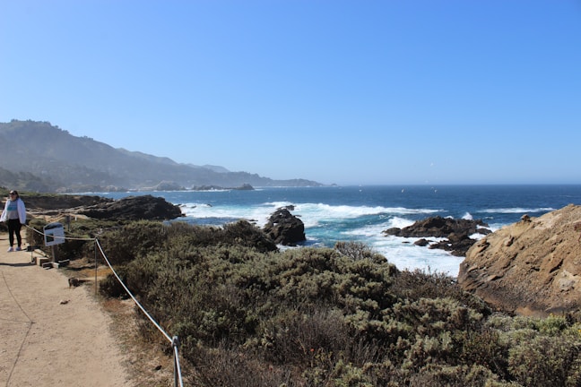 A winding coastal path along cliffs beside crashing ocean waves.