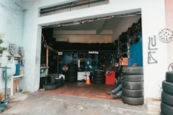 a garage filled with lots of tires and tires