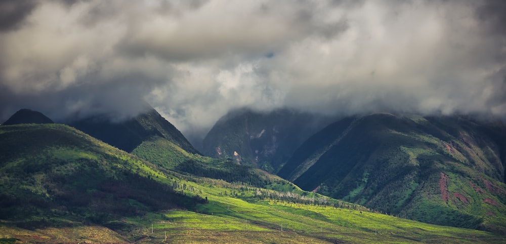 a lush green hillside under a cloudy sky