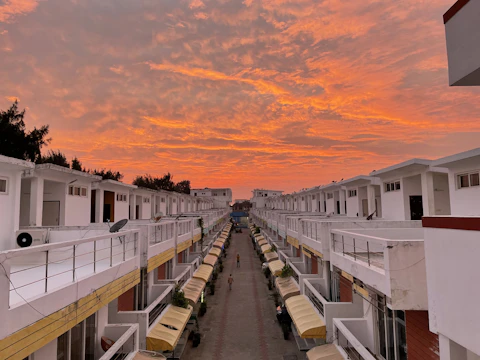 A row of sleek, modern townhomes bathed in warm sunset light with palm trees lining the street.