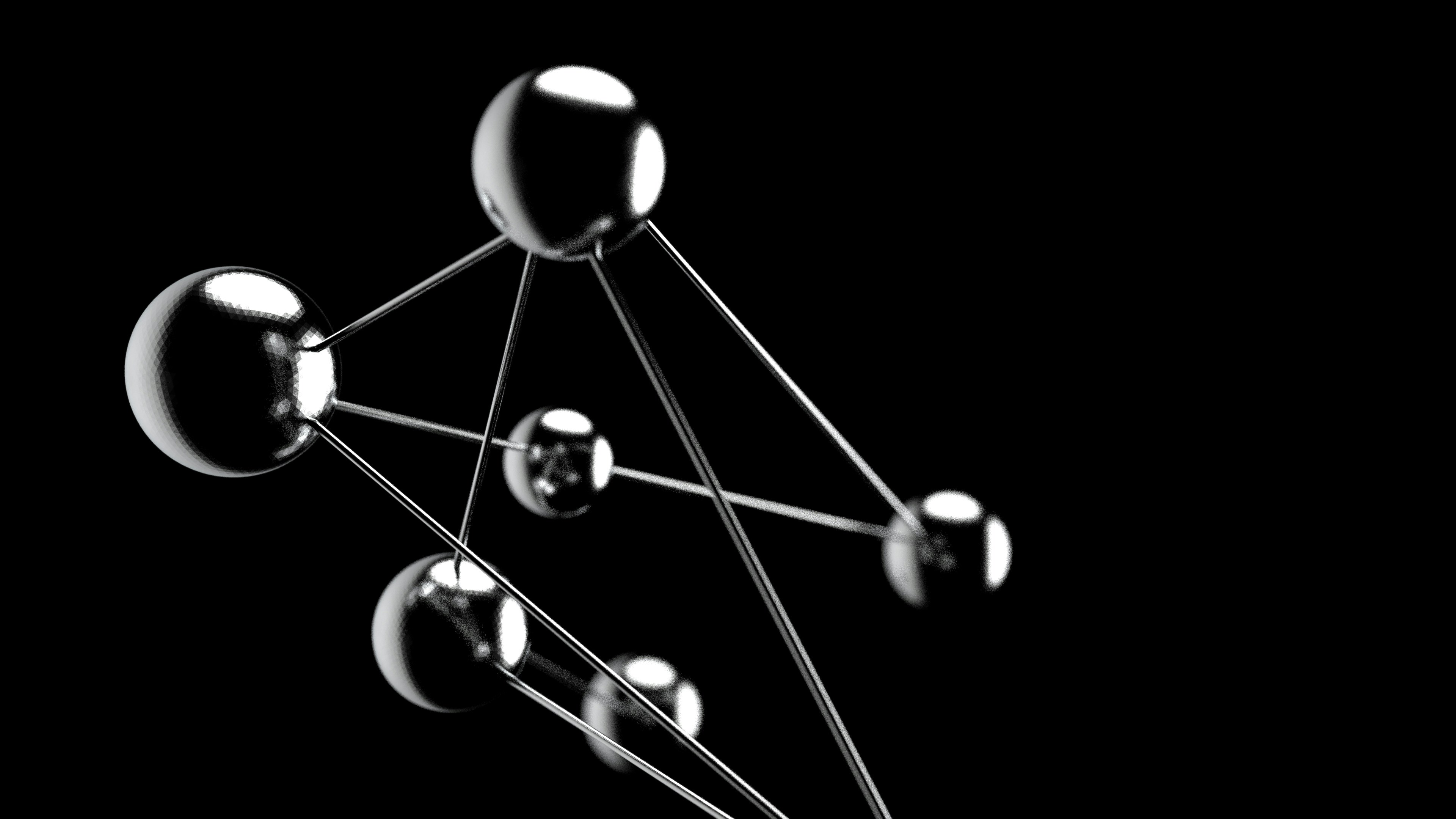 A 3D wallpaper with molecule design and a chrome finish features intricate molecular structures rendered in 3D and given a metallic shine. The result is a visually stunning, high-tech design with a touch of science fiction.