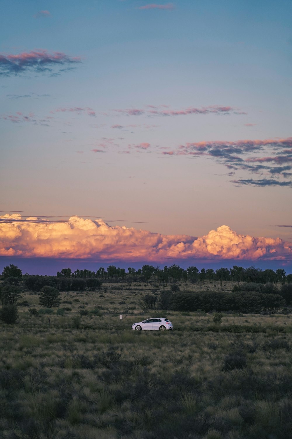 a car is parked in a field at sunset