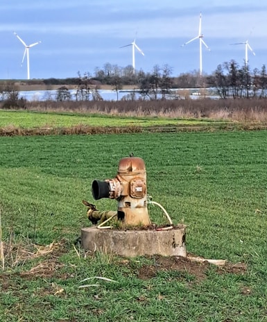 An old, rusty hydrant-like structure is situated in a field of green grass. In the background, several wind turbines are visible against a cloudy blue sky, with a line of bare trees and a distant water body. The scene appears to be rural and serene.
