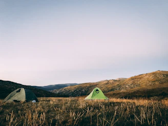 A compact 2-person dome tent pitched on a grassy campsite under a clear blue sky.