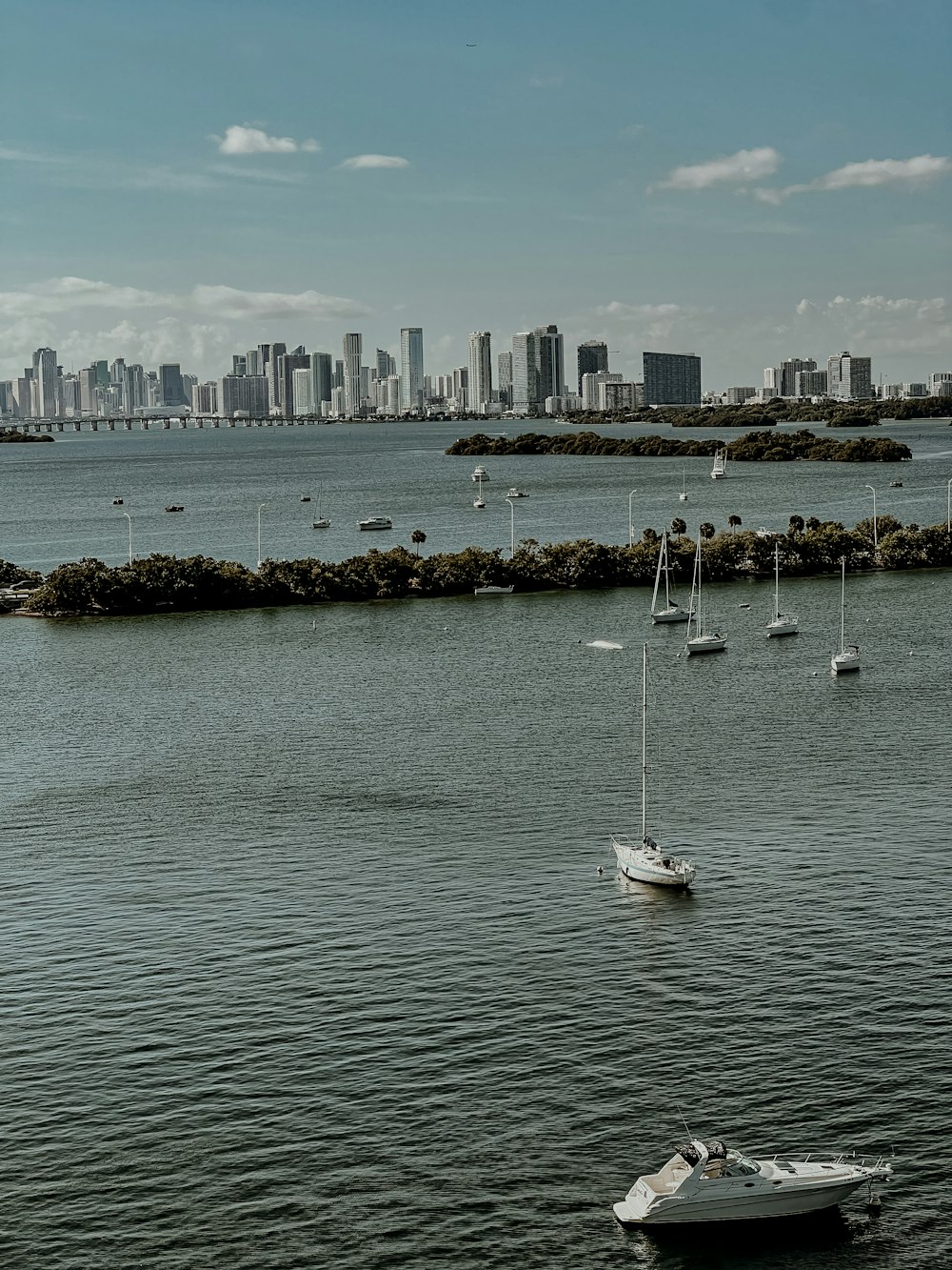 a body of water with boats in it and a city in the background