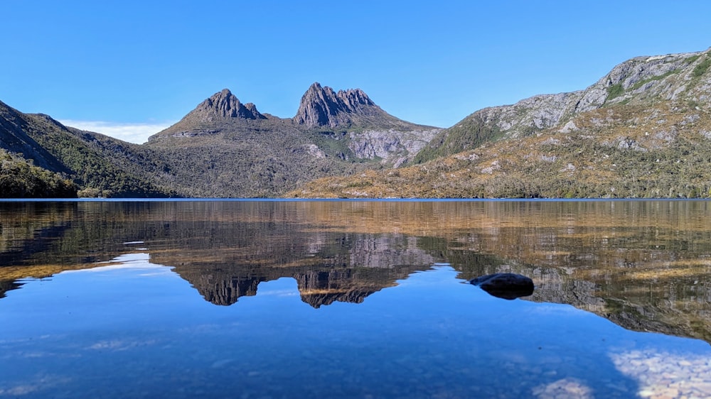 a lake with mountains in the background