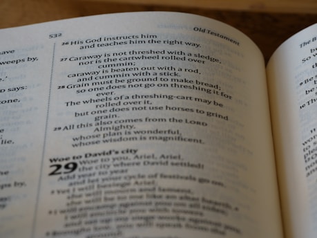 An open book displaying text from a religious scripture, specifically from the Old Testament. The verses discuss teachings and instructions from God, describing various practices including threshing. The text is in a clean, legible font with chapter and verse numbers clearly marked.