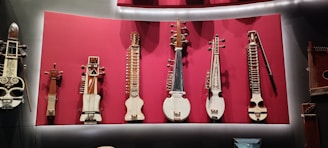 A collection of stringed musical instruments displayed on a vibrant red background. The instruments vary in shape and size, with intricate detailing and diverse structural designs, suggesting traditional craftsmanship.