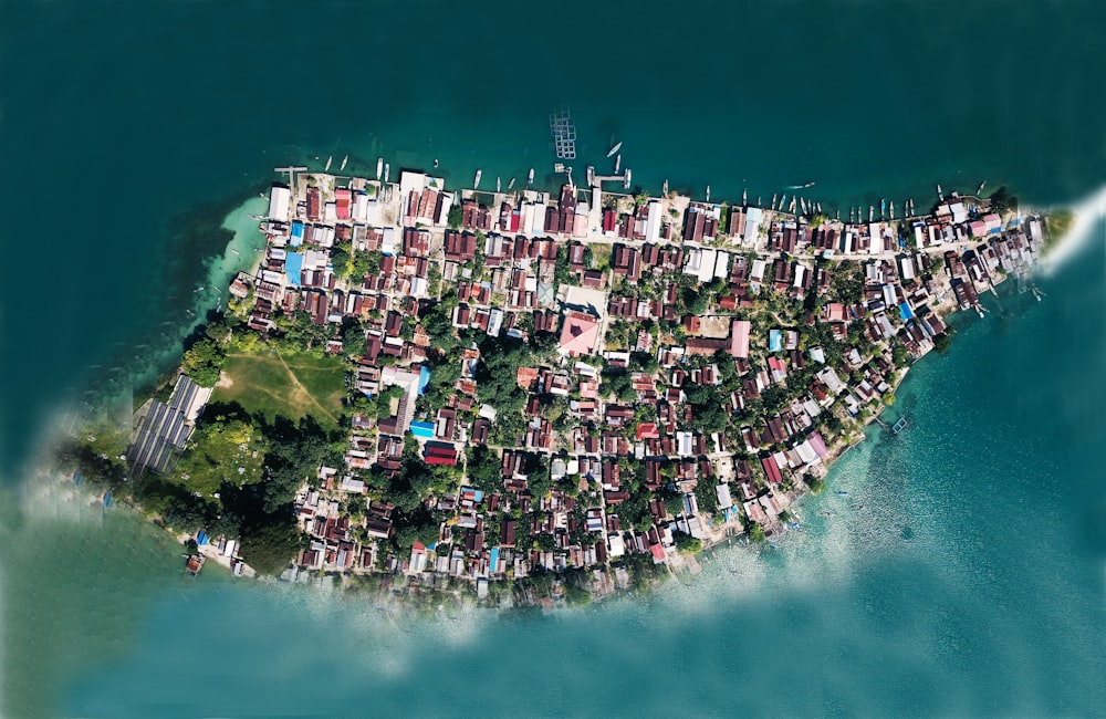 an aerial view of a city on an island