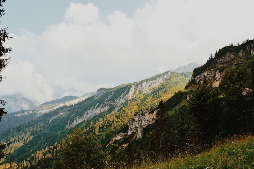 a view of a mountain range with trees and mountains in the background