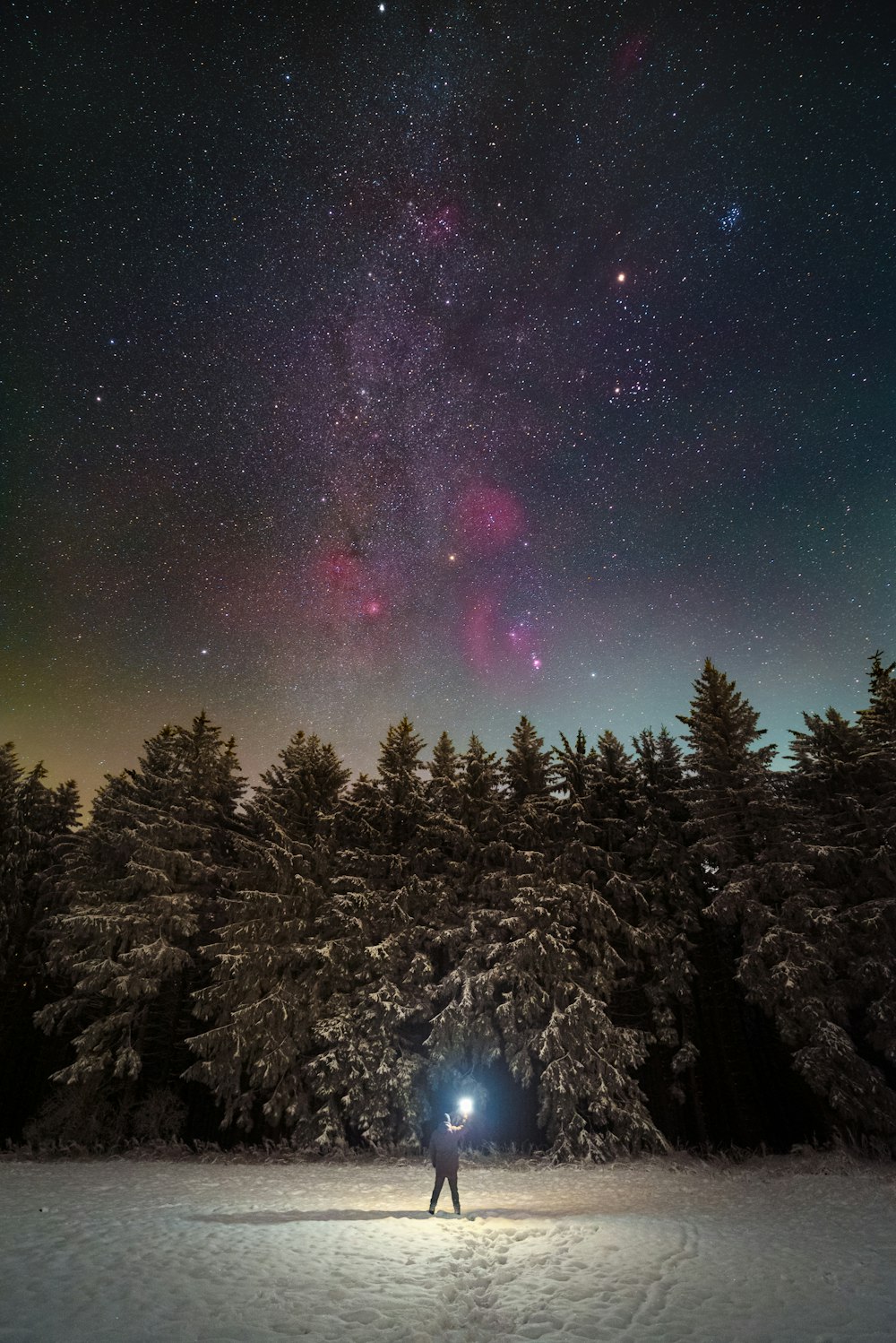 a person standing in the snow under a night sky filled with stars