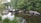 Stones form a rustic path across a tranquil pond surrounded by lush green trees. In the distance, fountains add a gentle dynamic to the serene setting. The water reflects the greenery and overcast sky, creating a peaceful landscape.