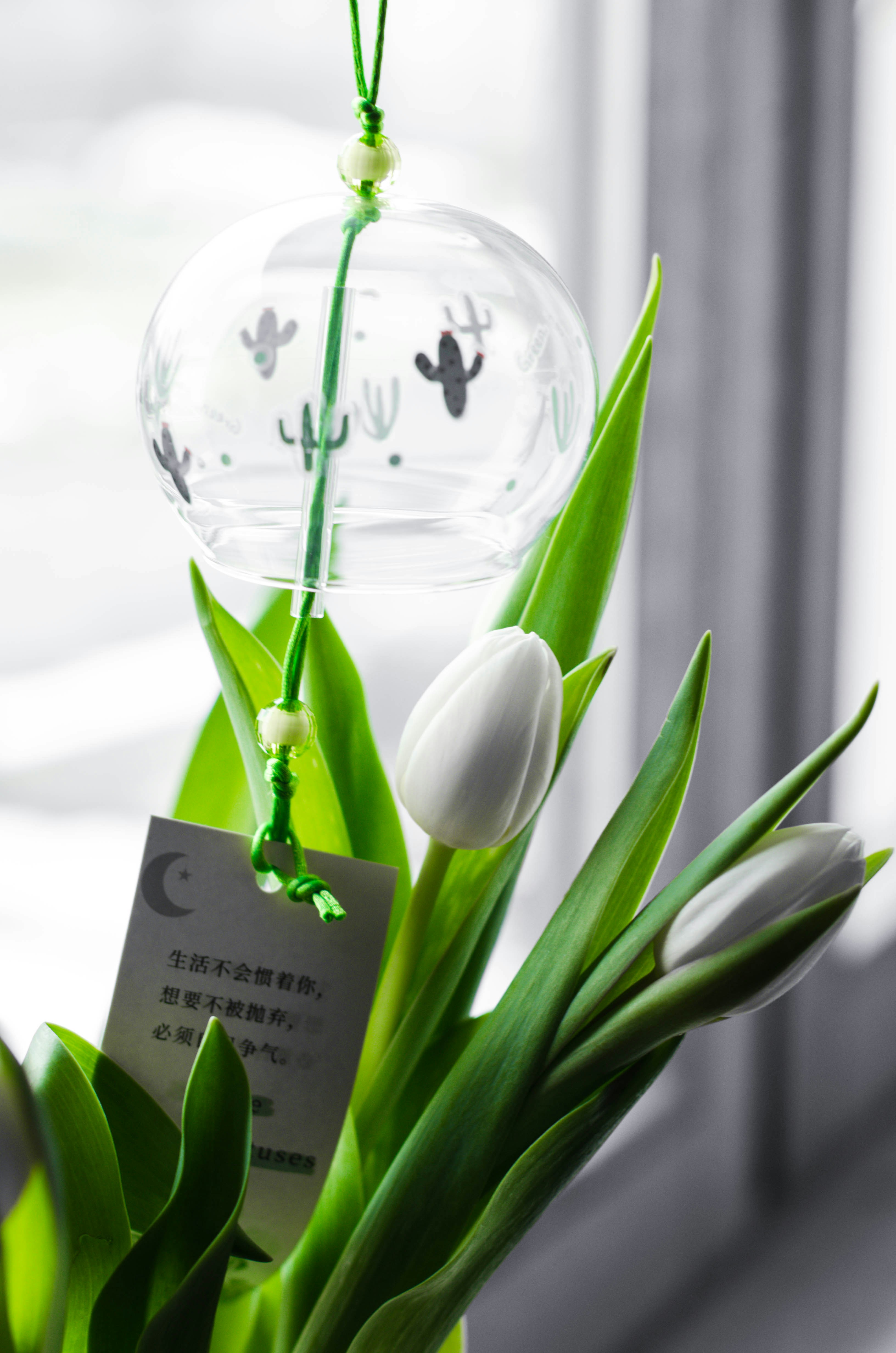 eine Vase gefüllt mit weißen Tulpen, die auf einem Tisch sitzt