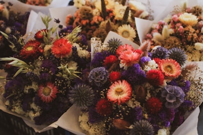 A collection of colorful flower bouquets featuring a variety of blossoms such as bright red and pink flowers, purple thistles, and delicate wildflowers. The arrangements are wrapped in white paper, creating an elegant presentation.