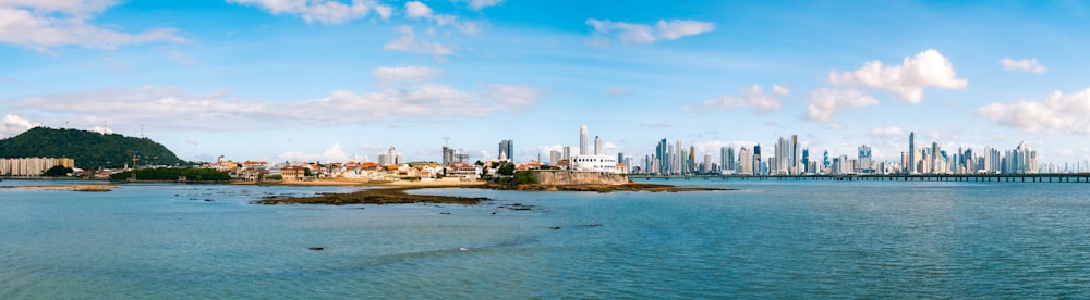 a large body of water with a city in the background