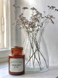 A glass vase filled with delicate, dried flowers is placed beside an amber apothecary jar labeled 'Chamomile & Fig.' The vase is simple and clear, highlighting the intricate details of the dried flowers. Natural light streams from a nearby window, casting soft shadows and creating a serene atmosphere.