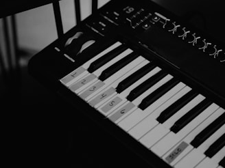 a black and white photo of a piano