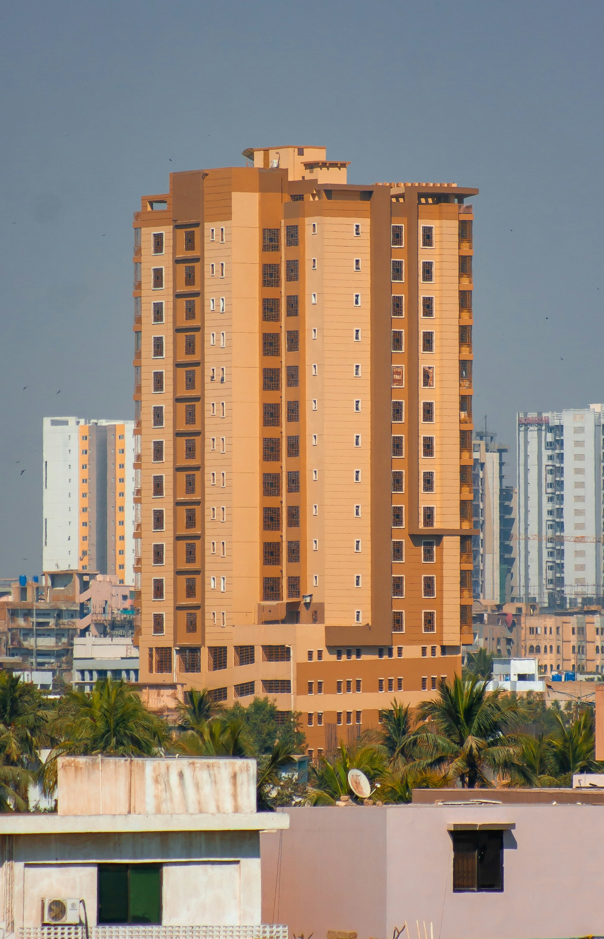 a city skyline with tall buildings and palm trees