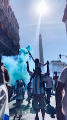 A vibrant street scene blending local football fans celebrating with colorful city landmarks in the background.