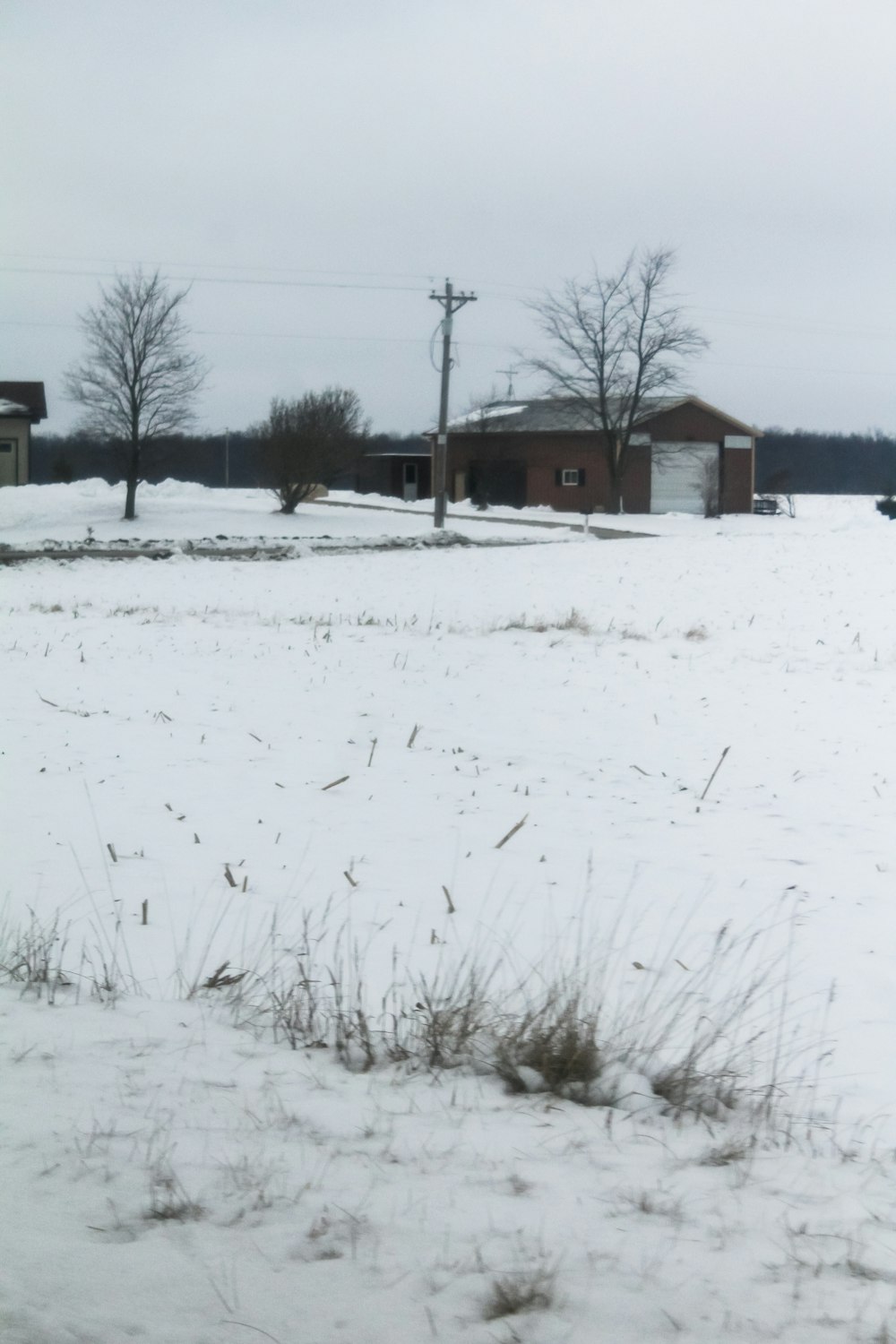 a snow covered field with houses in the background