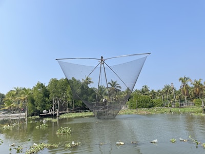 A large fishing net is suspended over a body of water, possibly part of a traditional fishing apparatus. In the background, there are lush green trees and palm trees under a clear blue sky. The water is calm, reflecting parts of the surrounding environment.
