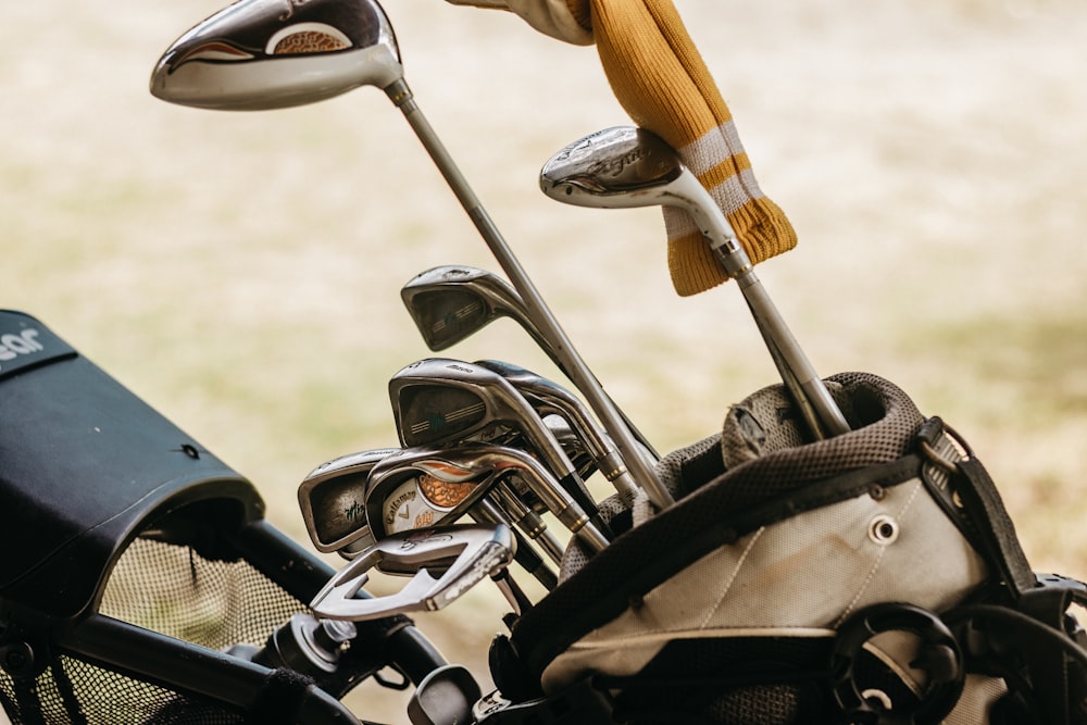 a close up of a bag of golf clubs