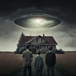 a group of people standing in front of a house