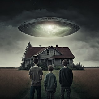 a group of people standing in front of a house