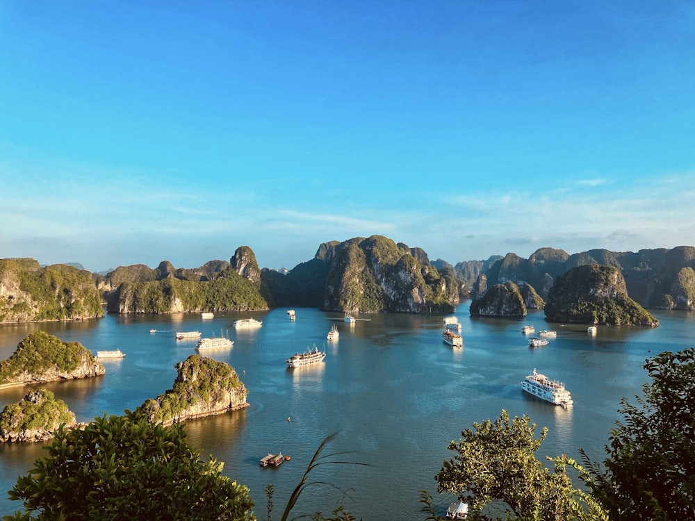 a group of boats floating on top of a large body of water